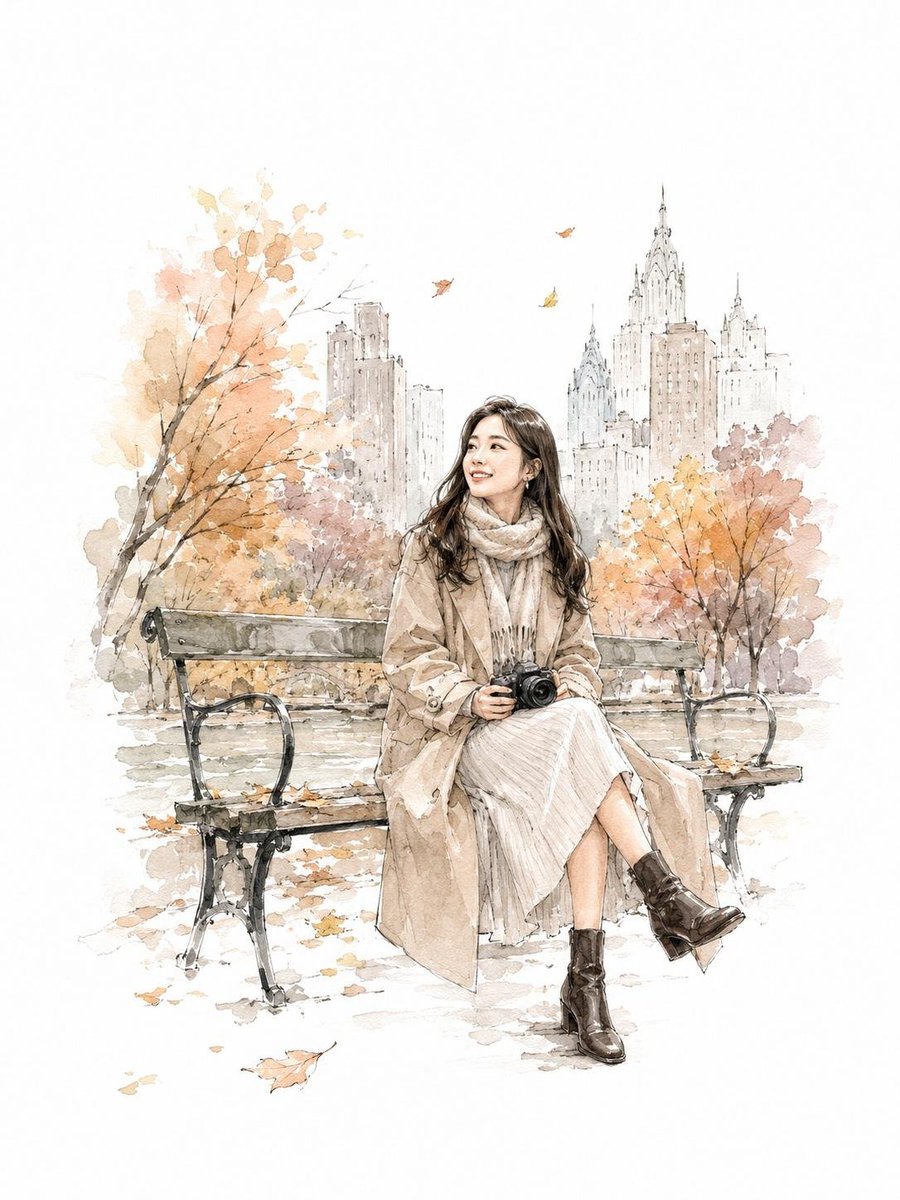一幅融合细腻水彩与浓郁墨韵的插画，描绘一位20多岁的年轻韩国女性在纽约旅行，她站在渡轮甲板上，远处自由女神像在身后矗立。她单手扶着栏杆，长发与浅色风衣被港口微风吹起，抬头露出明亮…
