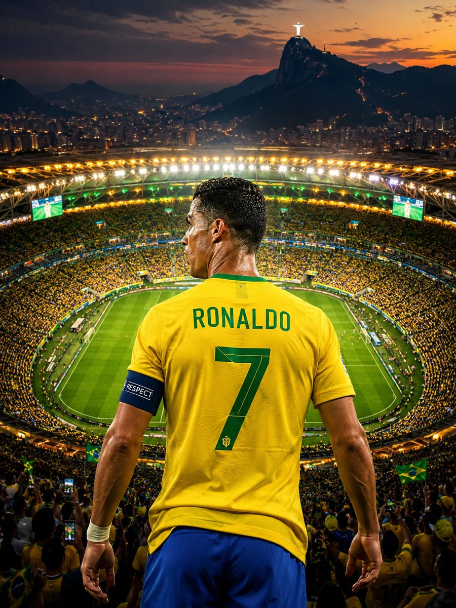 超写实、电影感的体育人像：克里斯蒂亚诺·罗纳尔多（Cristiano Ronaldo）正面站立，位于巴西里约热内卢传奇的马拉卡纳体育场（Maracanã Stadium），在一场…