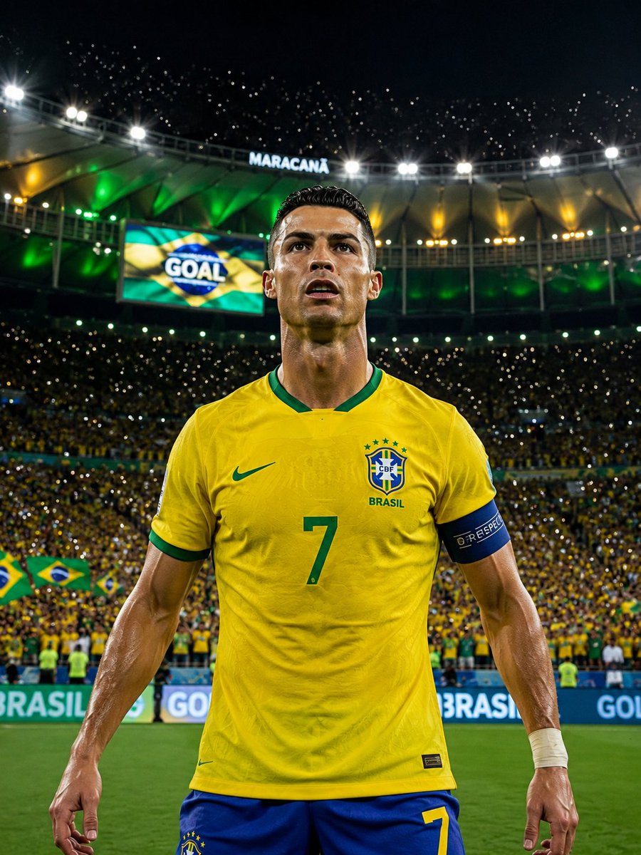 超写实、电影感的体育人像：克里斯蒂亚诺·罗纳尔多（Cristiano Ronaldo）正面站立，位于巴西里约热内卢传奇的马拉卡纳体育场（Maracanã Stadium），在一场…
