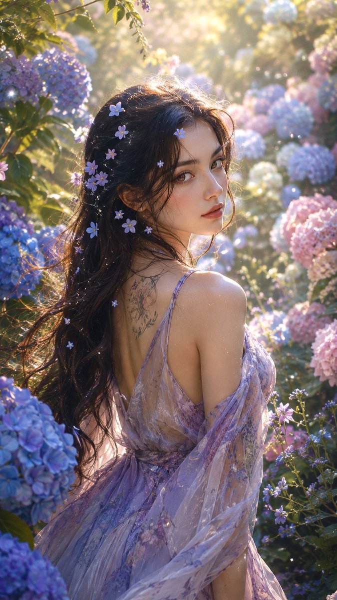 一位长发乌黑的女子身处如梦似幻的花园，盛开的绣球花——柔和的蓝、淡紫与浅粉花朵。花瓣上闪烁着露珠，花粉微粒在温暖的阳光中飘曳，野花与翠绿枝叶，精致的植物写实风…