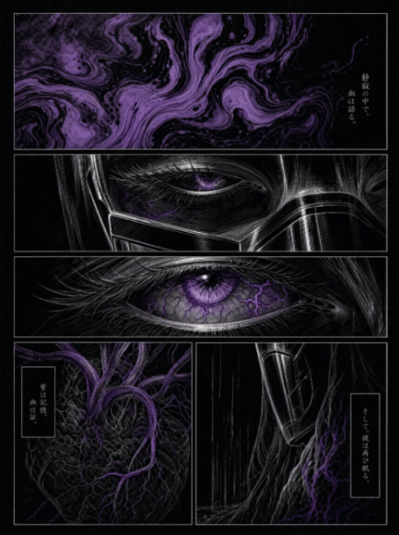 一幅混合媒介插画，结合漫画分镜布局、黑色背景上的精致白色线条艺术，以及稀疏的紫红色色彩点缀。线条艺术与渲染 细腻的白色墨水线条，辅以受控的排线进行阴影处理；轮廓线遵循解剖结构，尤…