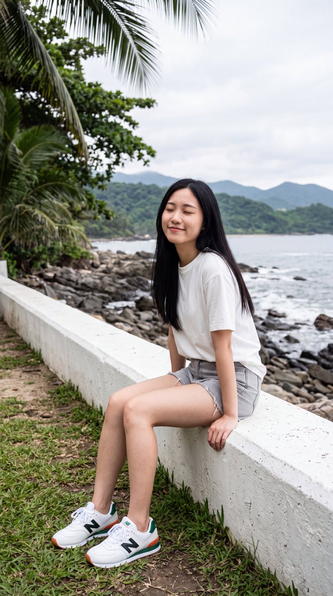 [Nano Banana Prompt] 一张写实风格的照片：一位年轻的东亚女性，长长的直发顺滑乌黑，披散在肩背两侧，随意坐在一道低矮的白色混凝土海堤上。她身穿一件素色白色短袖T…