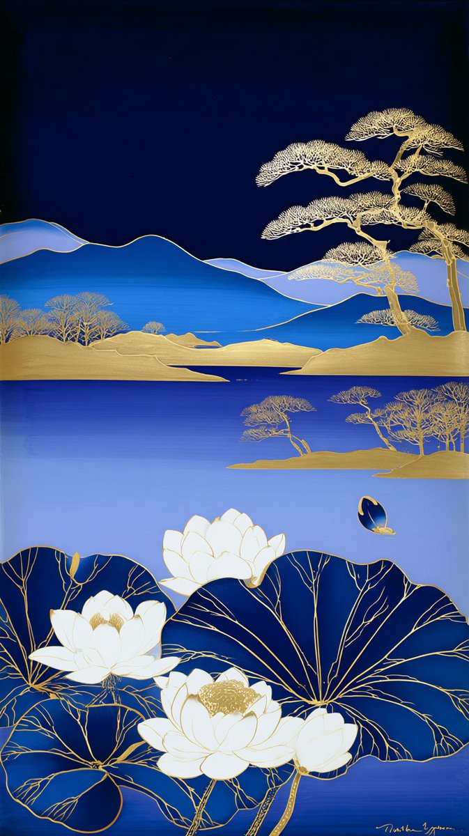 传统日本漆器艺术,莳绘风格,深靛蓝与金箔,宁静的夜景,前景为纯净的白色莲花,深蓝色荷叶带有精致的金色叶脉,平静的湖面带有细腻的金色涟漪,优雅的金色开花树木,日…