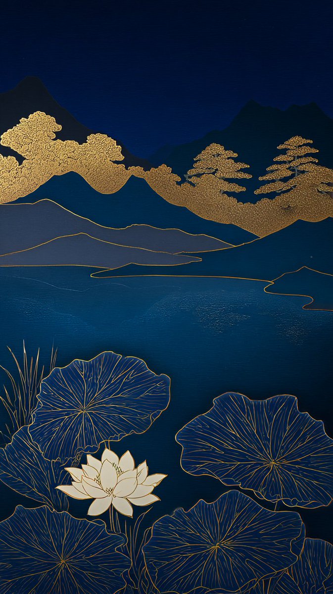 传统日本漆器艺术,莳绘风格,深靛蓝与金箔,宁静的夜景,前景为纯净的白色莲花,深蓝色荷叶带有精致的金色叶脉,平静的湖面带有细腻的金色涟漪,优雅的金色开花树木,日本松树的剪影,层叠的…