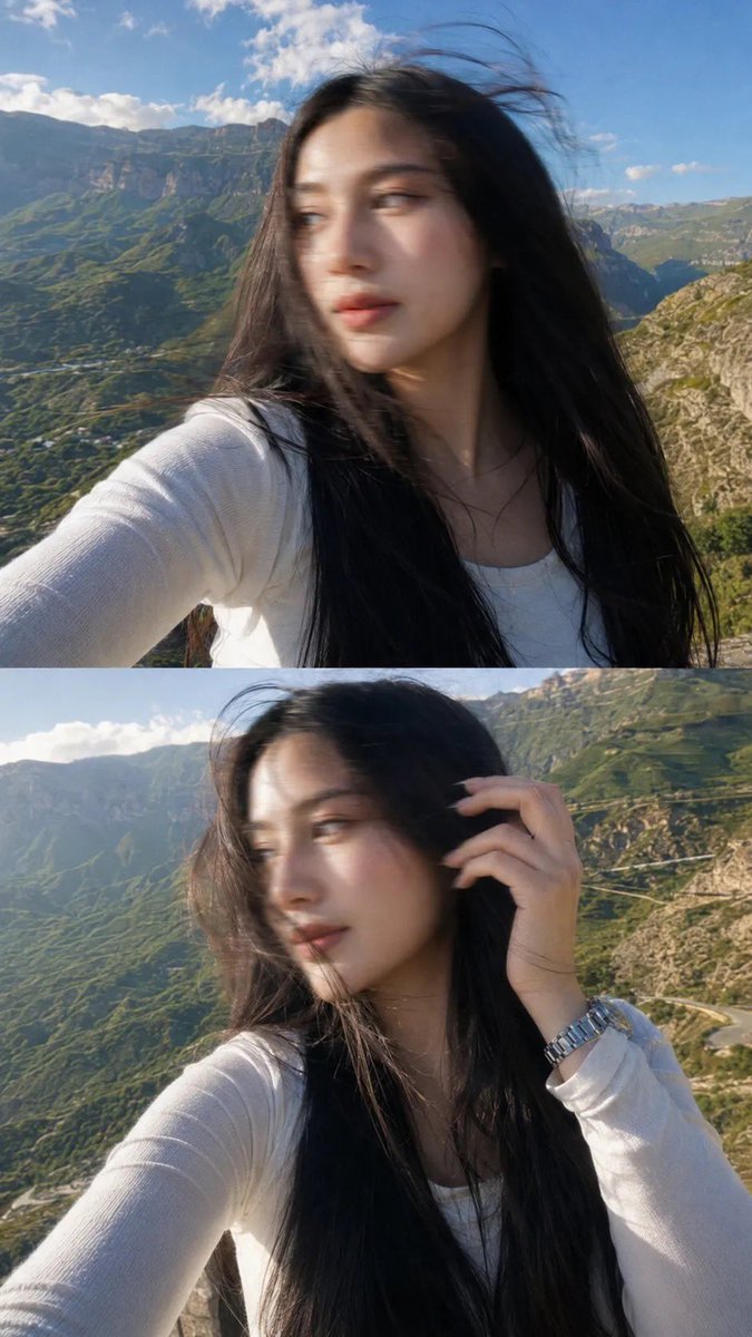 一张梦幻电影感的自拍照：一位美丽的年轻女子站在山顶观景点，长发笔直乌黑，拍摄于黄金时刻。她身穿一件修身白色长袖上衣，佩戴一只银色金属腕表。微风轻轻吹动她的头发…