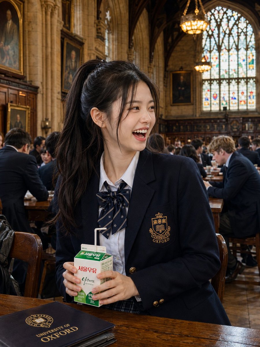 在牛津大学历史悠久的餐厅午餐时段，拍摄一位美丽的东亚年轻女性的超写实抓拍人像。她拥有一头柔顺的乌黑长发，扎成高马尾，配以柔和的修饰脸型发丝，瓷器般无瑕的肌肤，淡妆配以一抹清新的粉…