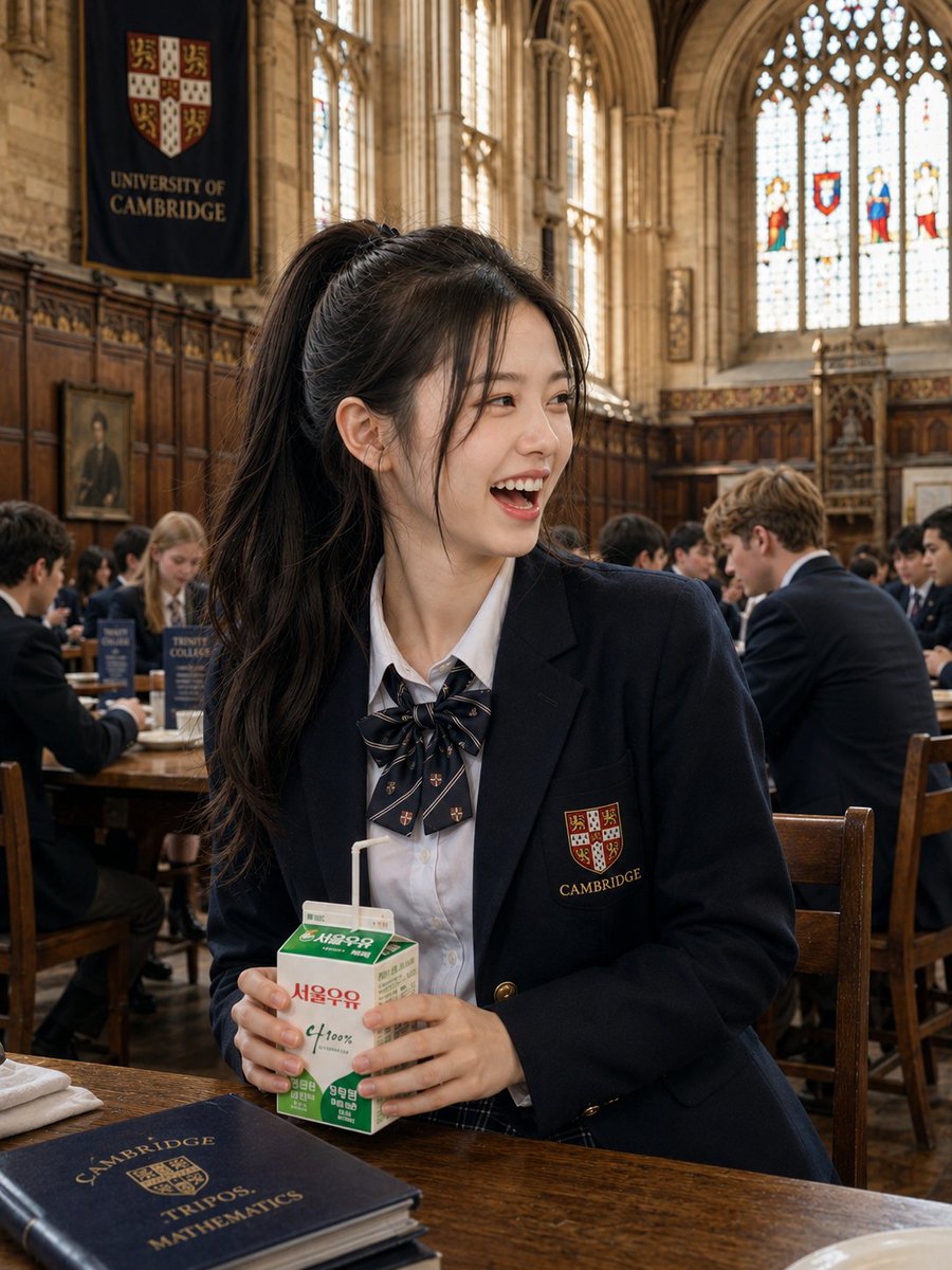 在牛津大学历史悠久的餐厅午餐时段，拍摄一位美丽的东亚年轻女性的超写实抓拍人像。她拥有一头柔顺的乌黑长发，扎成高马尾，配以柔和的修饰脸型发丝，瓷器般无瑕的肌肤，淡妆配以一抹清新的粉…