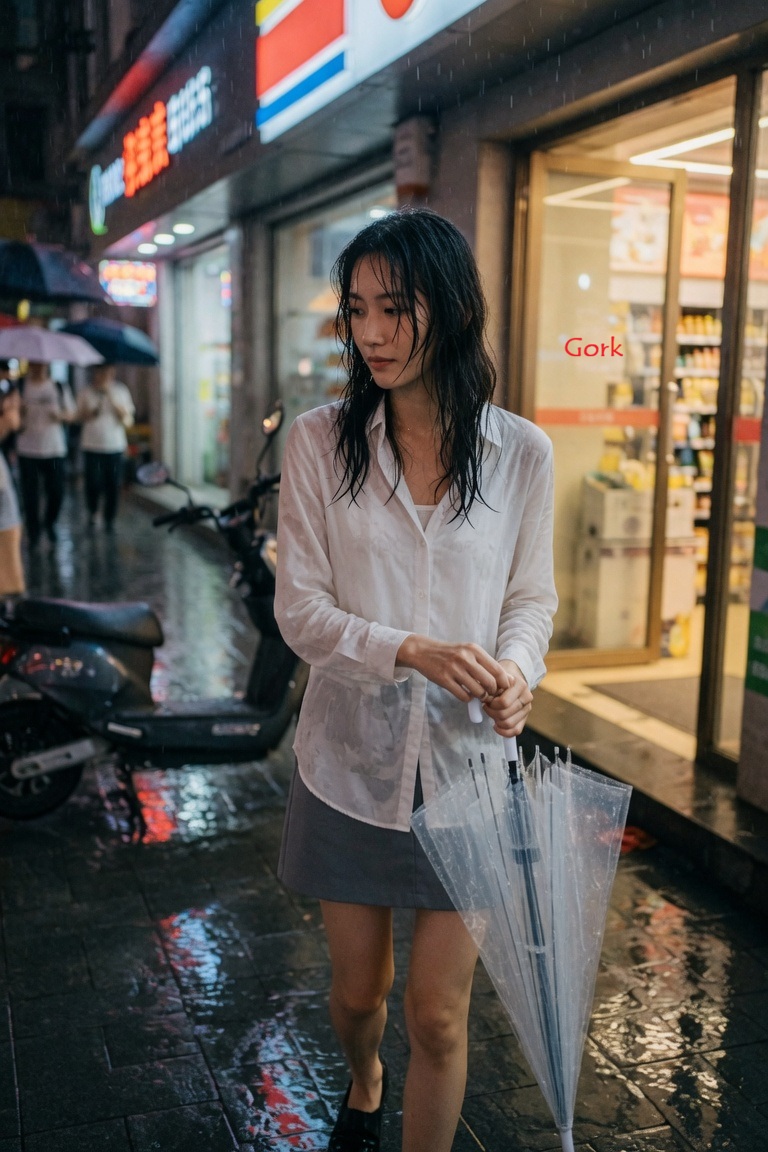 3:4,iPhone 17 后置摄像头搭配 35mm 镜头,抓拍真实生活随拍。 主体:26 岁的纤细中国女性,自然随性的发型,简单的内搭外披一件白色薄衬衫,灰色短裙,低跟鞋,衣物…