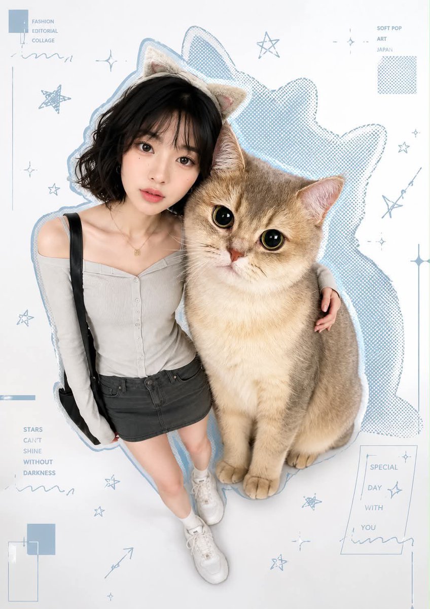 一张时尚编辑拼贴风格的照片，采用Y2K"柔和波普艺术"美学，画面中一位亚洲模特在一面白色的背景前与一只宠物俏皮地摆姿势。模特和宠物都有独特的蓝色轮廓半调点阵边…