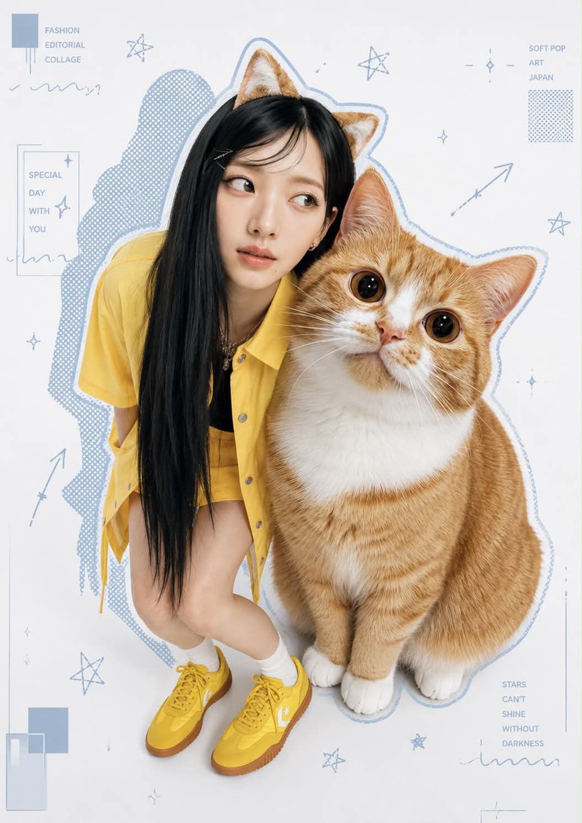 一张时尚编辑拼贴风格的照片,采用Y2K"柔和波普艺术"美学,画面中一位亚洲模特在一面白色的背景前与一只宠物俏皮地摆姿势。模特和宠物都有独特的蓝色轮廓半调点阵边框。模特戴着与宠物相…