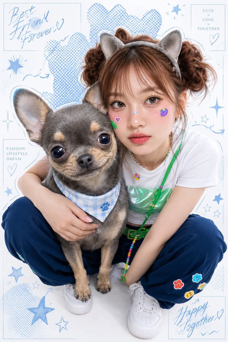 一张时尚编辑拼贴风格的照片,采用Y2K"柔和波普艺术"美学,画面中一位亚洲模特在一面白色的背景前与一只宠物俏皮地摆姿势。模特和宠物都有独特的蓝色轮廓半调点阵边框。模特戴着与宠物相…