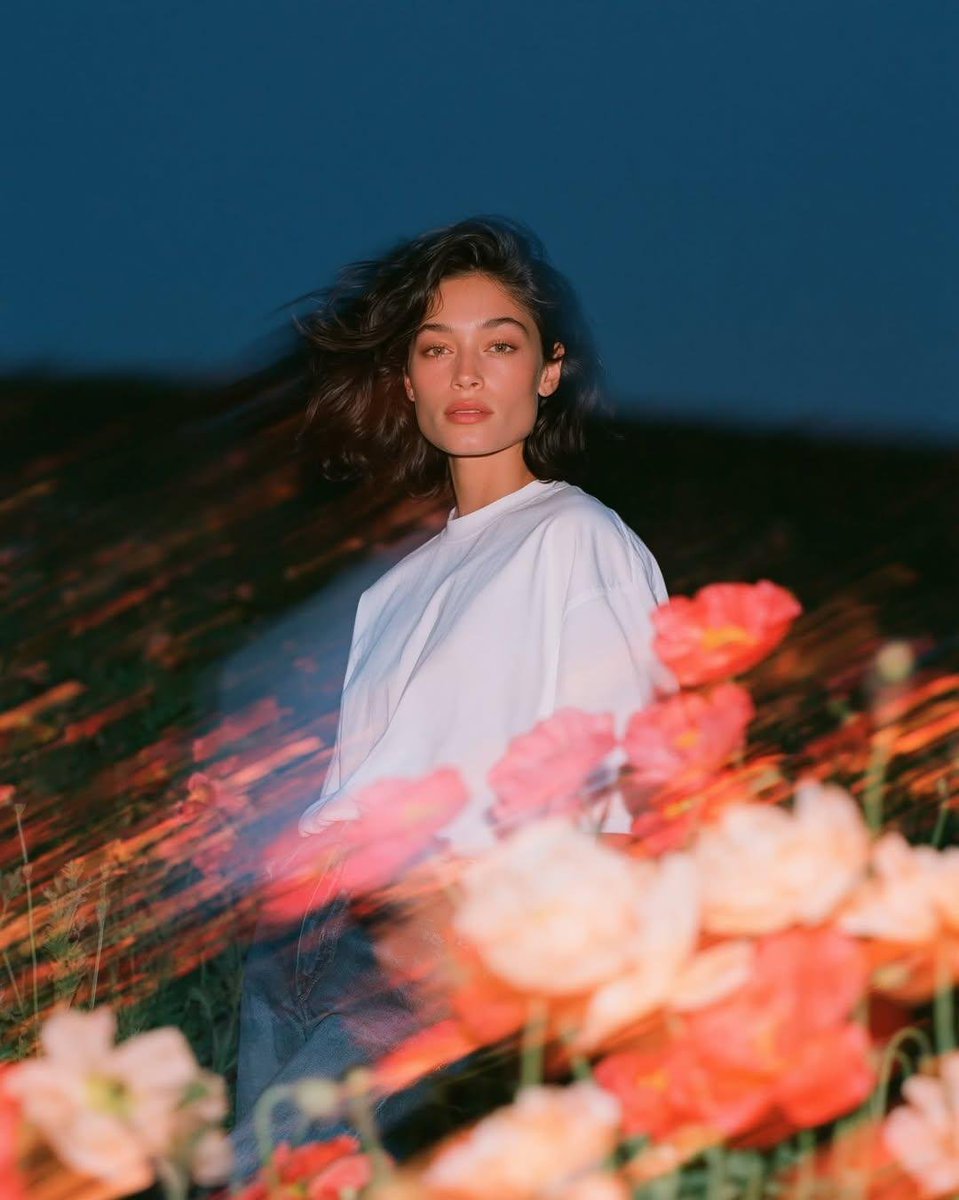照片级真实的实验性时尚肖像,一位自然美丽的年轻女性正面站立于蓝调时刻风拂的野花田中,以齐眼水平高度从大腿向上取景。她身穿一件宽松的纯白棉质T恤与水洗中蓝直筒牛仔裤,毫不费力的日常…