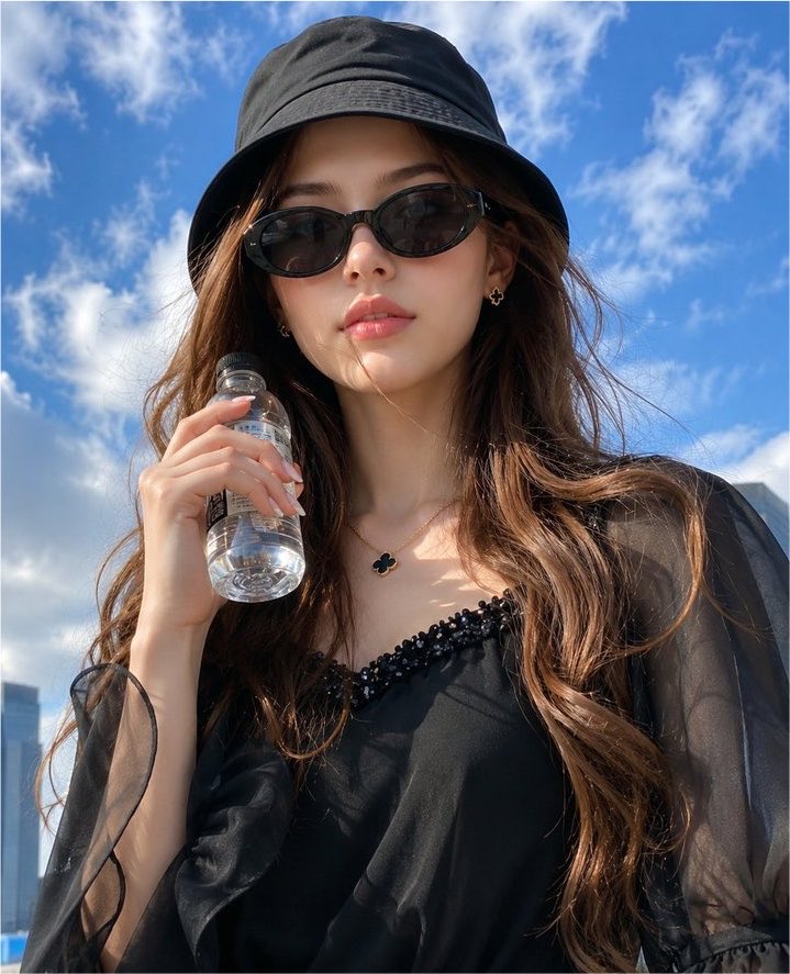 超现实主义时尚人像照:一位时髦的年轻女性置身户外,头顶是鲜艳的蓝色夏日天空和柔和的白云。采用智能手机从胸部高度向上的低角度仰拍视角,营造出强烈的杂志大片感。她头戴黑色渔夫帽,戴着…