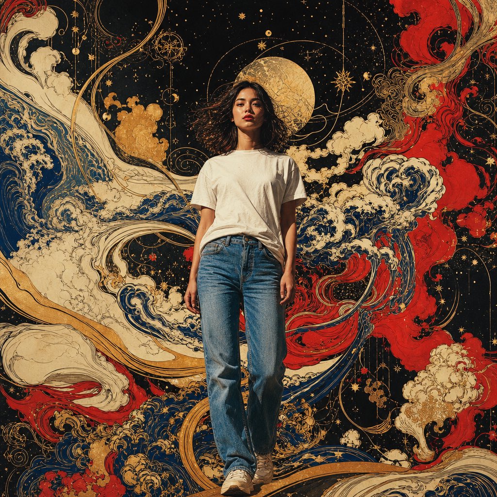 超现实主义极繁时尚艺术作品,天生丽质的年轻女性,全身,近前景,面向镜头,神情平静而富有吸引力。身穿宽松的纯白棉质T恤、褪色中蓝色直筒牛仔裤,齐肩深色头发轻柔飘…