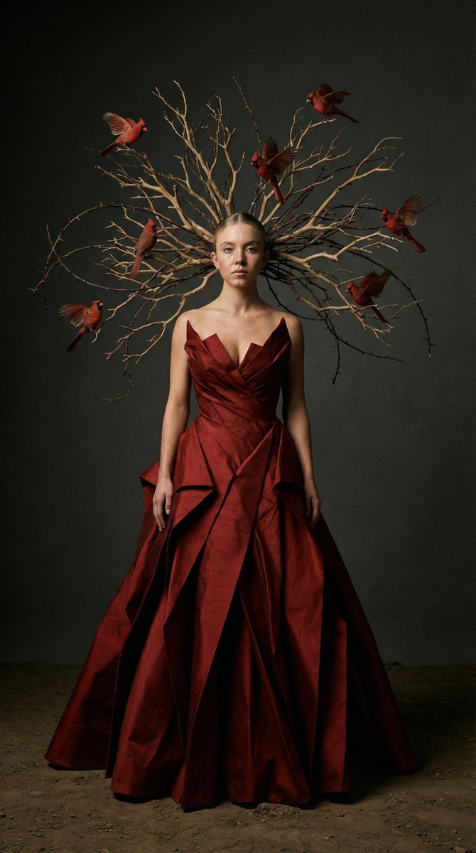 { "vibe_title_en": "Crimson Thorn Web", "master_prompt": "一幅超写实、前卫的时尚编辑人像,The P…