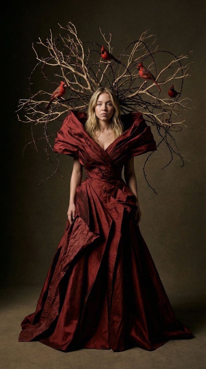 { "vibe_title_en": "Crimson Thorn Web", "master_prompt": "一幅超写实、前卫的时尚编辑人像,The Protagonist…