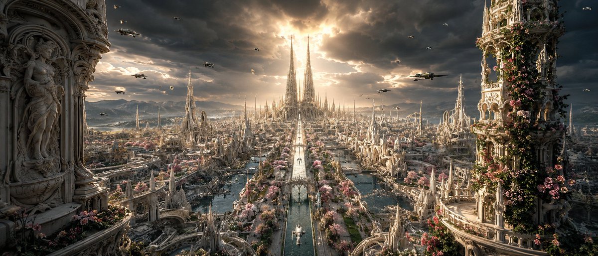 超写实生物有机奇幻科幻3D渲染，广阔的未来主义哥特巨型都市，由骨白色生物机械尖塔构成，形似融化的蜡或珊瑚形态，两座高耸的双子针塔刺入消失点的风暴云，沿宽阔中央…