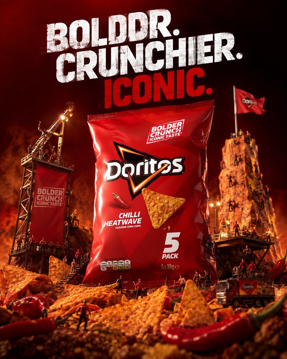 为[Doritos]（多力多滋）制作一张以[Doritos]（多力多滋）为核心的精品广告海报。 将产品置于一个电影感微缩世界的中心，这个微缩世界应受到其品牌基因、品类、功能、质地…