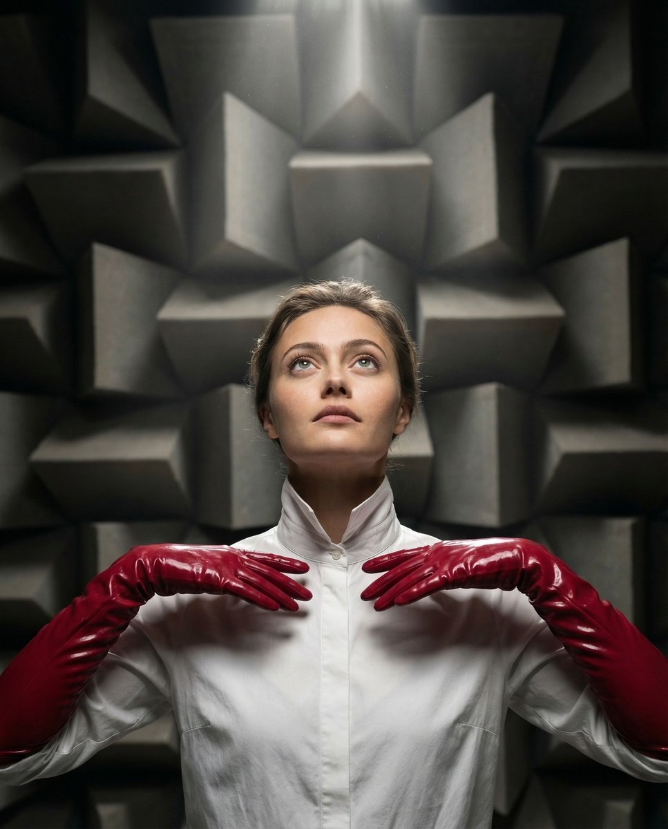 { "vibe_title_en": "绯红对称 (Crimson Symmetry)", "master_prompt": "电影感宽幅镜头，居中构图。主角完美对齐地站立在一间…