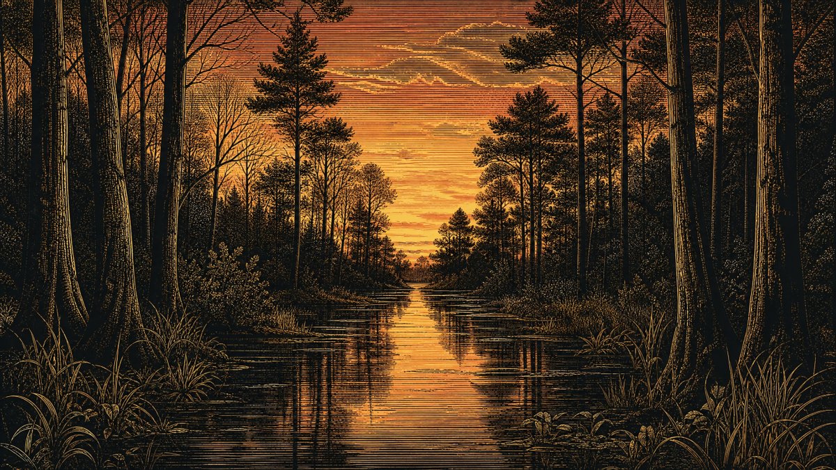 一幅高度精致的复古风格风景插画，描绘黄昏时分静谧的森林湿地，采用雕版印刷或刮版画艺术作品的视觉效果。画面以深邃的黑色剪影和温暖的金色线条为主，暮色天空从地平线…