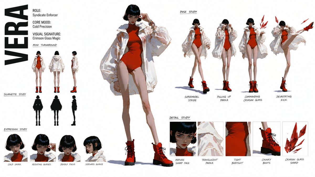 创作一份高级、现代的高端时尚角色概念美术设定表（CHARACTER CONCEPT ART SHEET），采用 16:9 宽屏布局，背景为纯白色。附加的参考图…