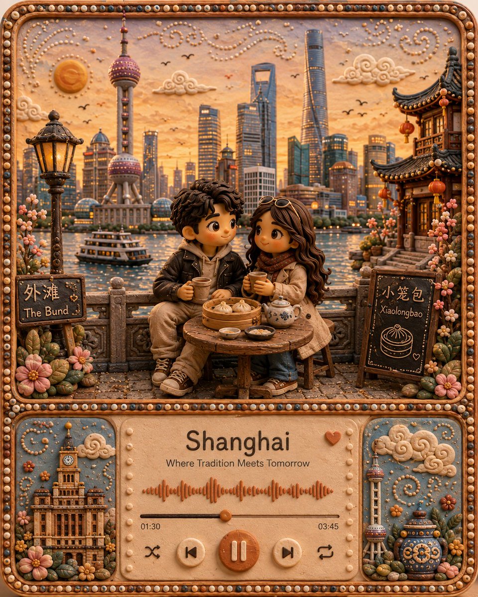 创作一幅适合 Instagram 的高端 4:5 竖版手工艺旅行插画，灵感来自 {LOCATION}。融合可爱的 3D 萌系角色、柔和哑光橡皮泥质感、微缩立体…