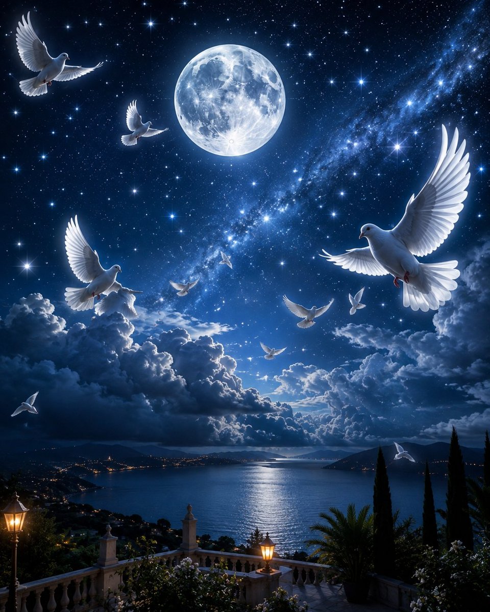 一个超电影感、超现实的夜空，一轮巨大的发光满月照亮大地，成千上万颗闪闪发光的星星布满天空，无数纯白的鸽子优雅地飞越天际， 提示词在ALT中续接 👇 https…