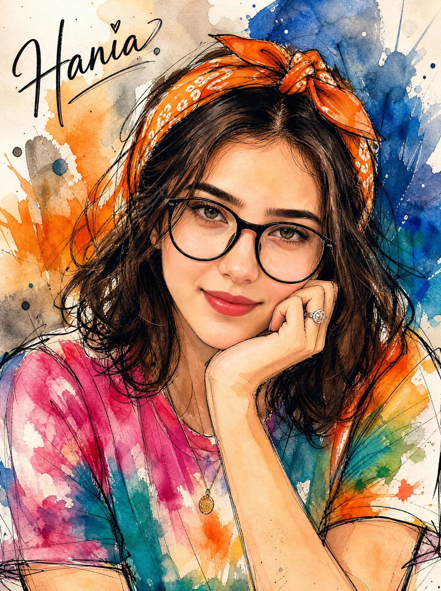 创作一幅生动随性的钢笔与水彩结合的时装插画，风格与参考图一致，使用富有表现力的墨线笔触和色彩斑斓的抽象水彩晕染。一位年轻女子头上系着一条橙色头巾，戴着黑框眼镜…