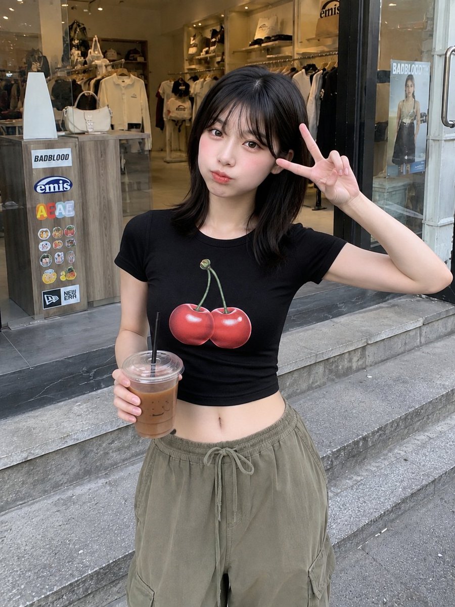 使用 GPT image 2 创建 { "prompt": "RAW 超写实智能手机照片，一位可爱的年轻日本女性站在一家时髦的服装精品店外。她拥有白皙的瓷器肌肤、深褐色的大眼睛、…