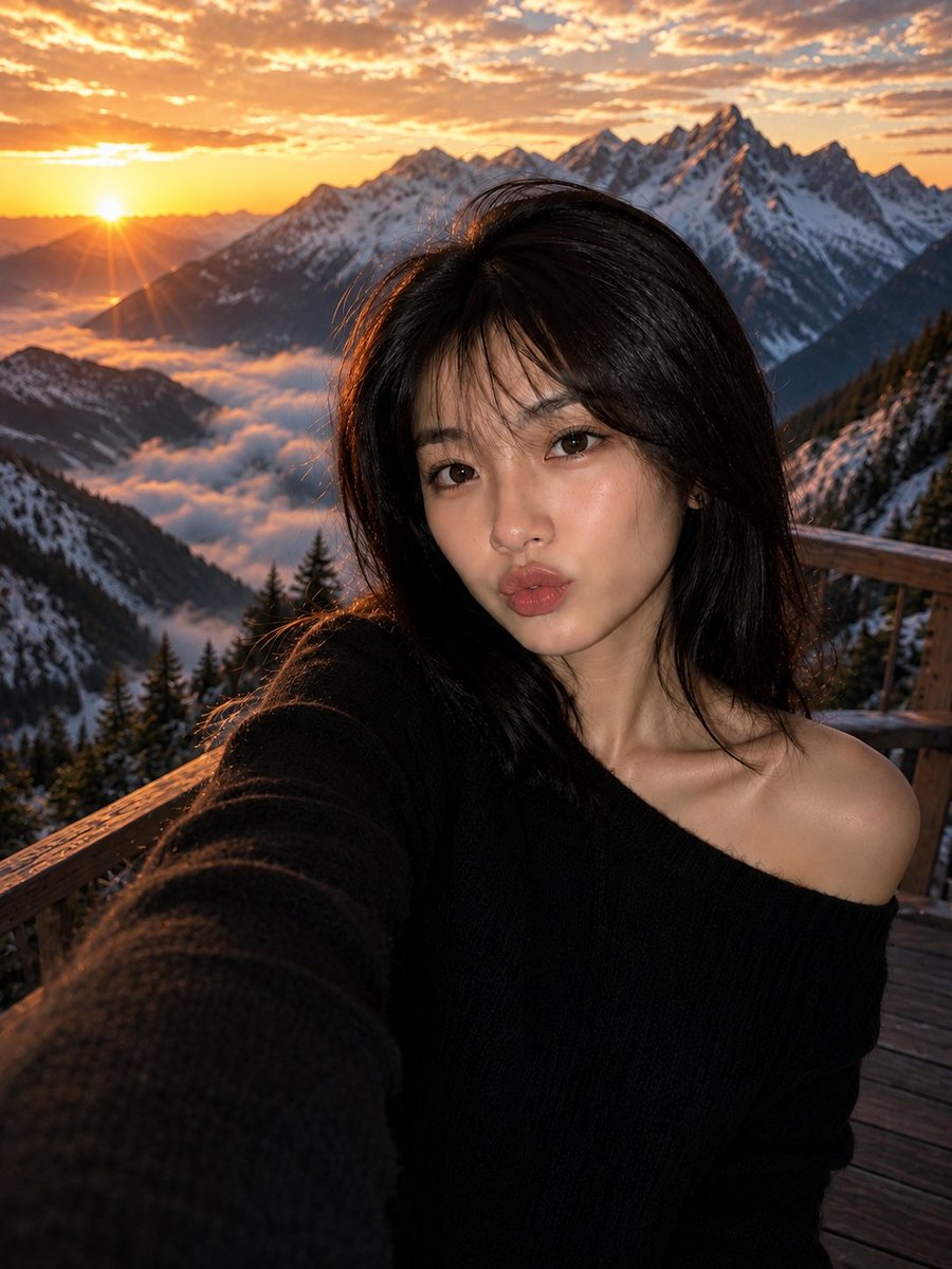 超写实电影感自拍肖像：一位令人惊艳的年轻东亚女性，在黄金时段的日出时分，站在一处豪华的木质山顶观景台上。她有一头丝般顺滑的乌黑齐肩短发，柔和轻盈的中分刘海在微风中轻轻飘动，皮肤如…