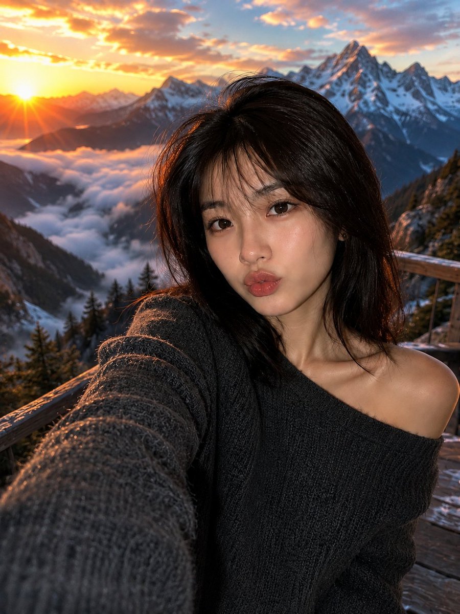 超写实电影感自拍肖像：一位令人惊艳的年轻东亚女性，在黄金时段的日出时分，站在一处豪华的木质山顶观景台上。她有一头丝般顺滑的乌黑齐肩短发，柔和轻盈的中分刘海在微风中轻轻飘动，皮肤如…
