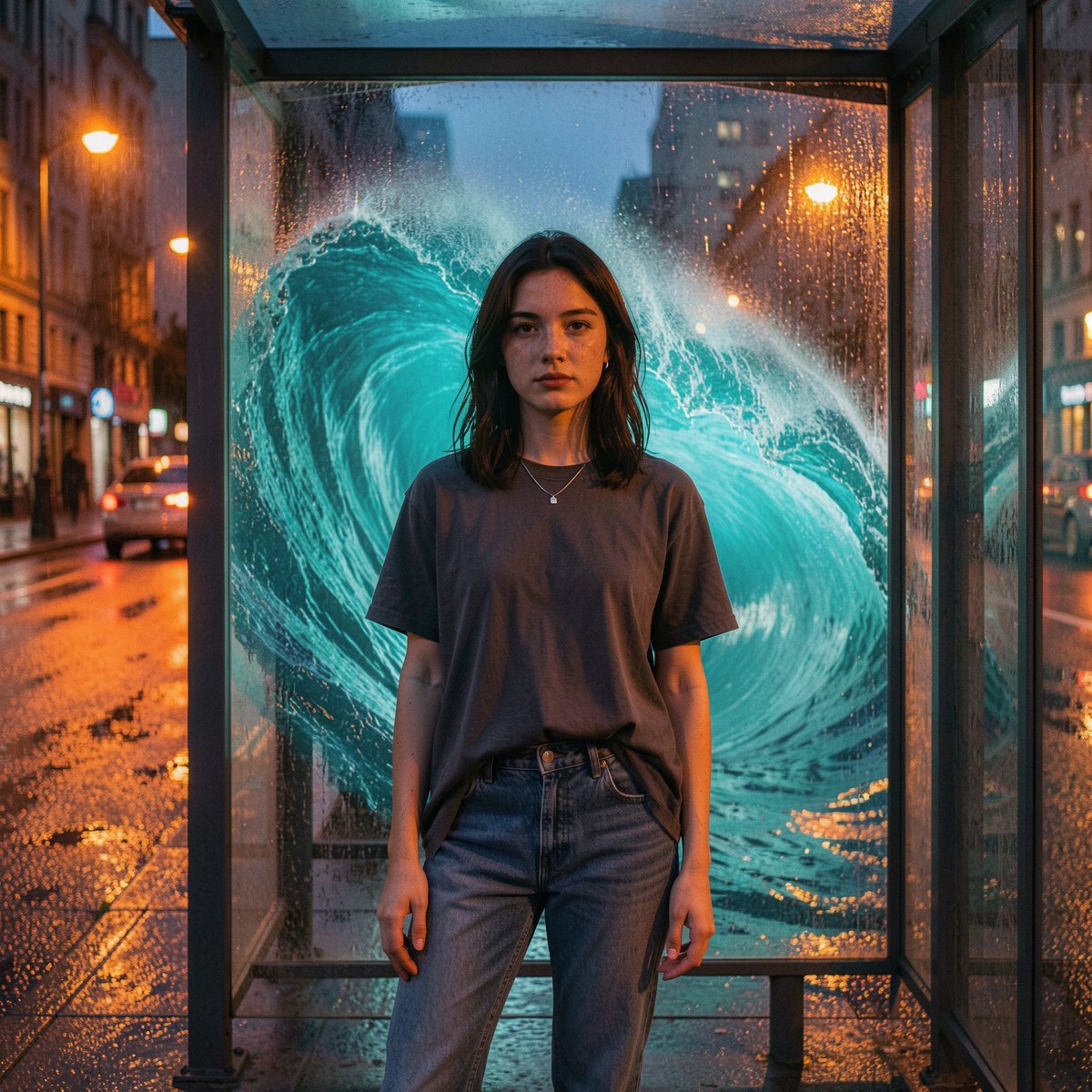 Flux 2 Klien 使用 @budgetpixel（4K 生成） 提示词 深蓝色暮光时分、雨浸湿的城市街道上的一座玻璃公交候车亭，超现实电影感时尚摄影…
