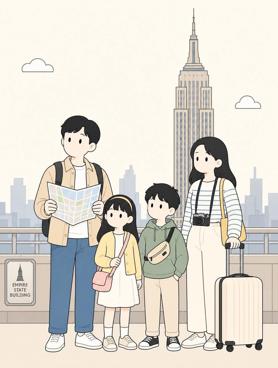 创建一幅竖版 3:4 比例的扁平二维矢量插画,描绘四口之家在{LOCATION}享受宁静的旅程。 场景:一家人一起站在{LANDMARK_OR_STREET},平静地在画面中前景…