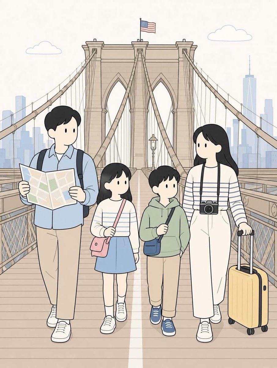 创建一幅竖版 3:4 比例的扁平二维矢量插画,描绘四口之家在{LOCATION}享受宁静的旅程。 场景:一家人一起站在{LANDMARK_OR_STREET},平静地在画面中前景…