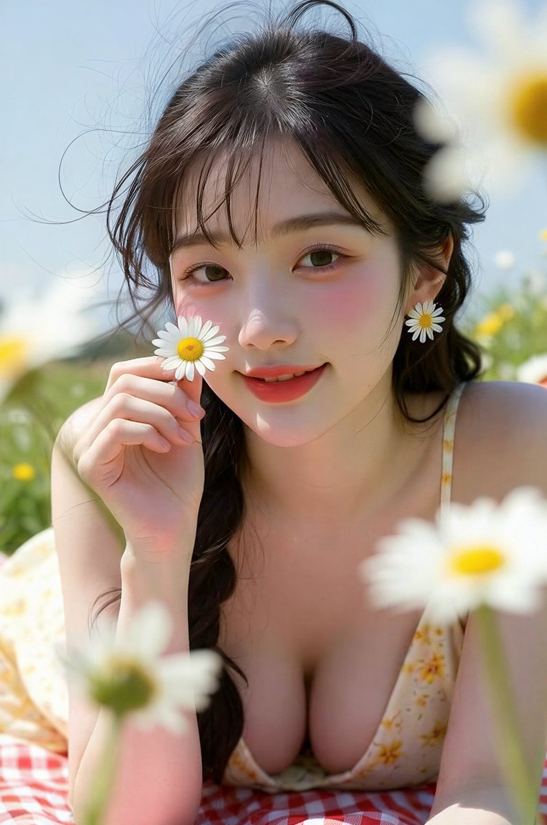 👇 主要主体： 20岁东亚女孩，黑色长发编成一条辫子，碎乱刘海在风中飘动，柔和圆润的婴儿脸，脸颊泛着粉色红晕，明亮清澈的眼睛，温柔微笑露出轻微的牙齿，白皙水润的肌肤，清新甜美充满…
