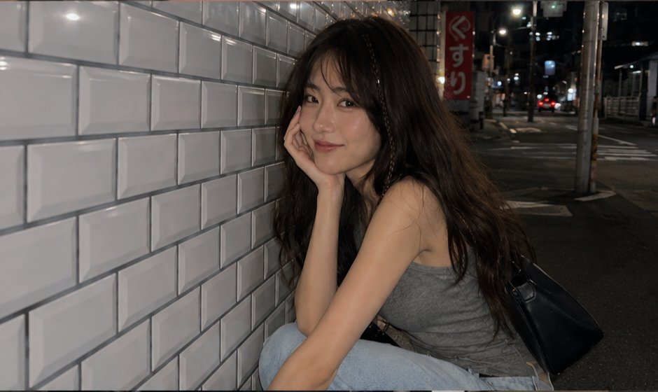 一张电影感十足的夜间街头抓拍人像,拍摄于日本街头,使用 iPhone 拍摄。一名年轻女子,长长的深棕色波浪卷发中编有一缕细辫,淡妆,嘴角带着若有若无的微笑,回头望向镜头。她身穿灰…