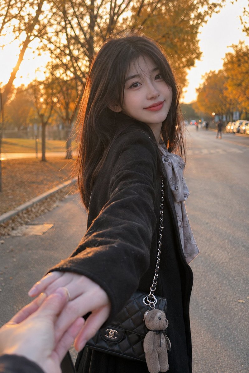 一张黄金时刻的街拍人像，写实风格，画面中是一位美丽的年轻女性，留着长直深棕色头发，身穿一件时尚的黑色羊毛大衣，脖子上围着一条柔软的灰色花卉蝴蝶结围巾。她对着镜…