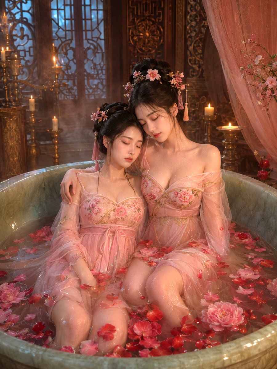 主体： 两位20岁的优雅东亚年轻女性，发型为整洁的黑色中国传统古代盘髻，饰以粉色梅花发饰和流苏发簪，面部五官精致柔和，肌肤白皙润泽，散发出温婉典雅的古韵。一位女子轻轻将头倚靠在另…