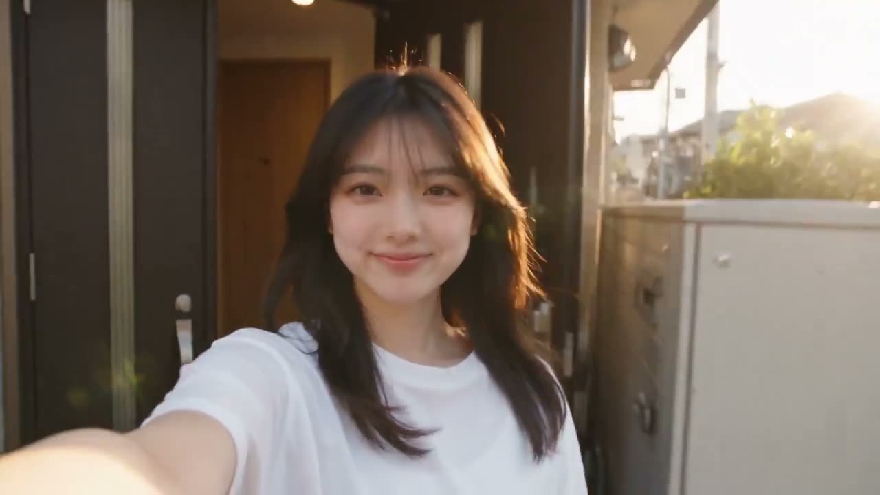 一部电影感十足的真人写实风格动作 Vlog。一位年轻的日本女性（图像 = 她的脸和头发）在一个宁静的早晨离开家，随手持智能手机随意地自拍。她走过一条繁忙的日本…