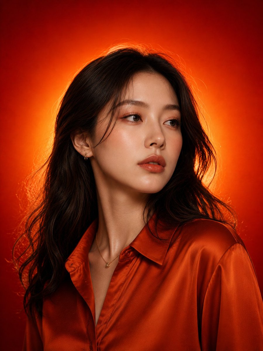 超现实、电影感的影棚美妆肖像照，镜头中是一位惊艳的年轻东亚女性，拥有完美无瑕的瓷白肌肤、柔和的杏仁形深棕色眼睛、自然立体的眉毛、光泽裸色唇妆，以及细腻的暖色调妆容。她拥有一头长而…