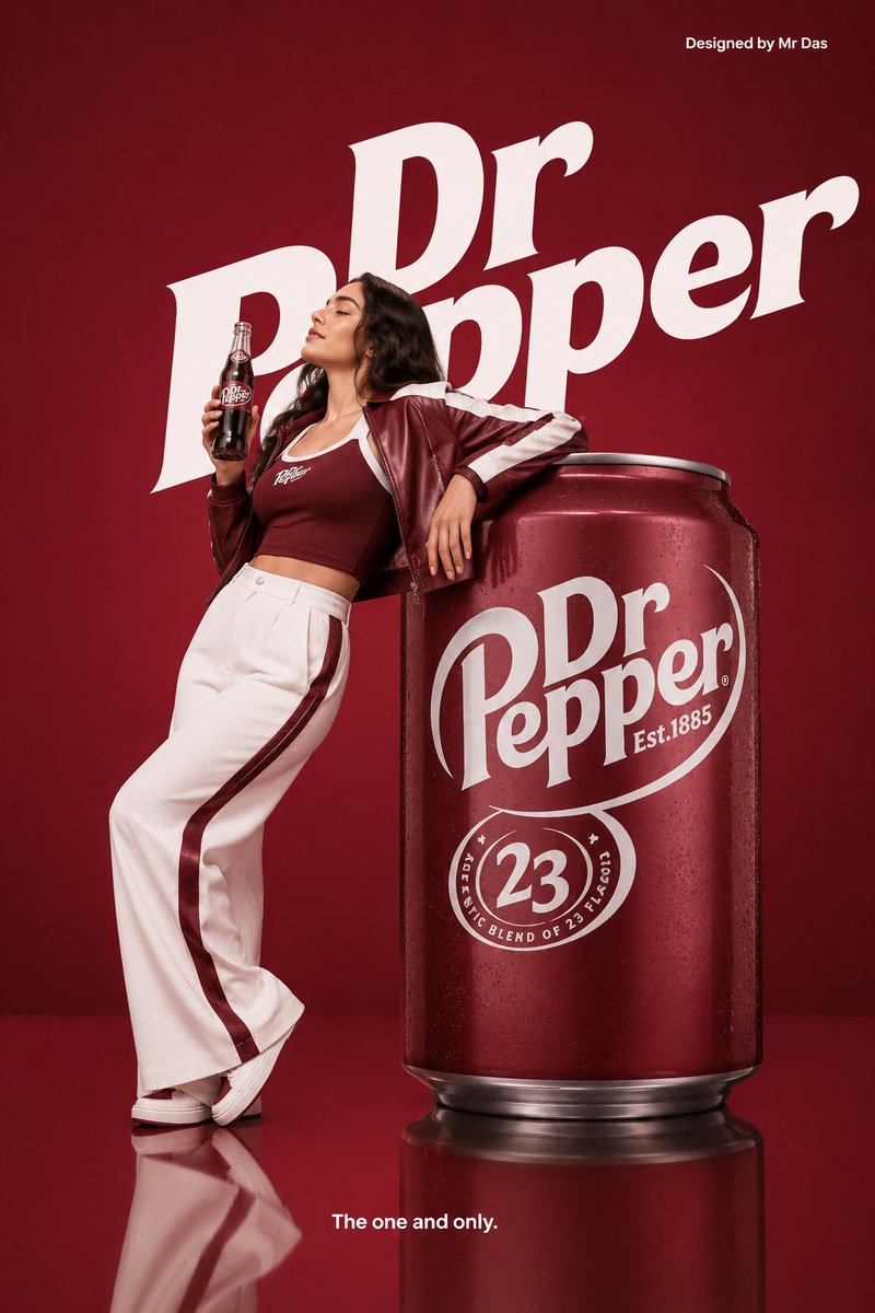 极简风格的商业广告，主打一只超大号的胡椒博士（Dr Pepper）易拉罐，设计极为干净利落。一位年轻女子身着时尚的栗色与白色相间的服装，以放松且自信的姿态随意…