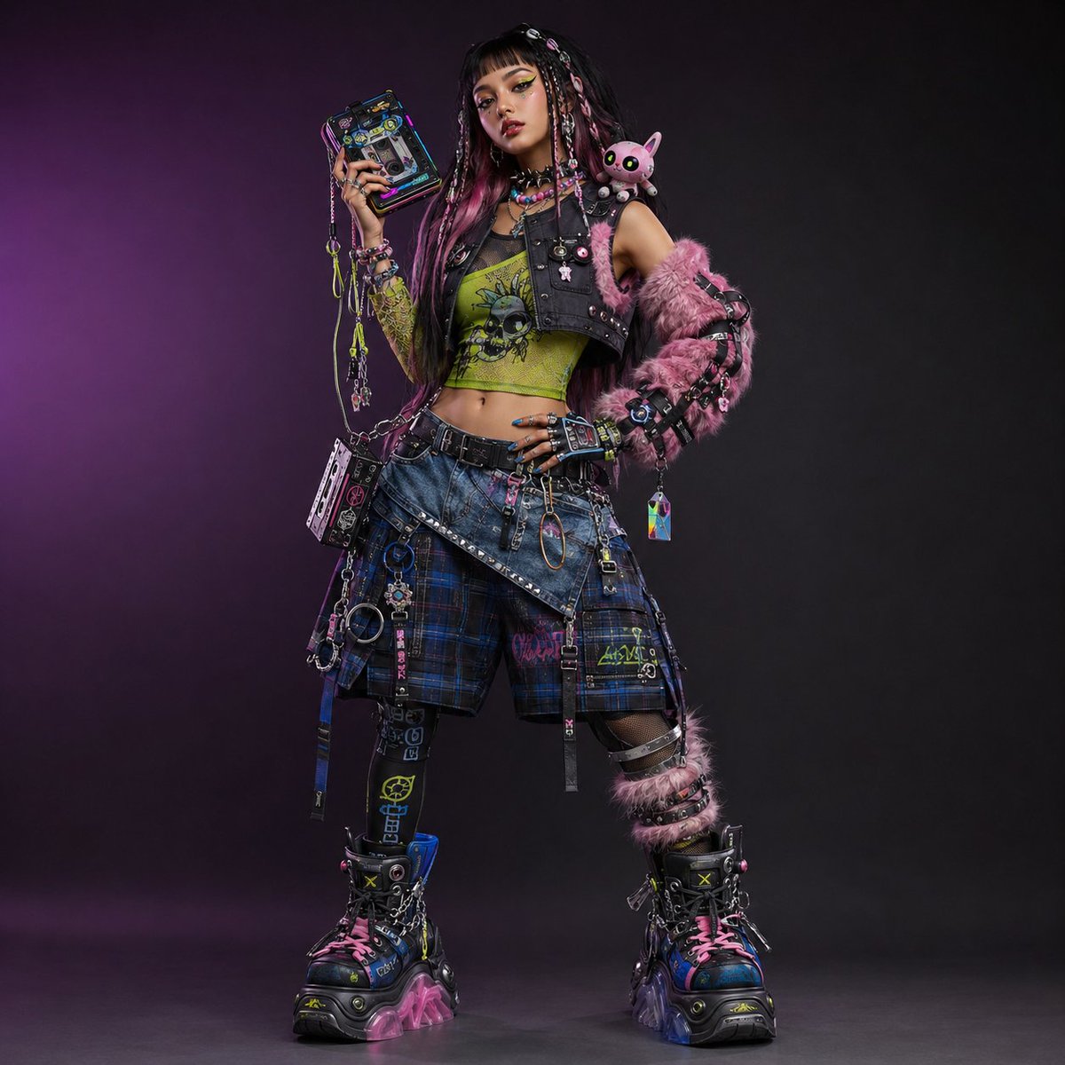 创作一个完全原创的全身角色设计,名为 Mika Static(Mika 静电),她是一位成年女性地下街头时尚偶像,融合了俏皮的 Y2K 可爱时尚、未来感都市街…