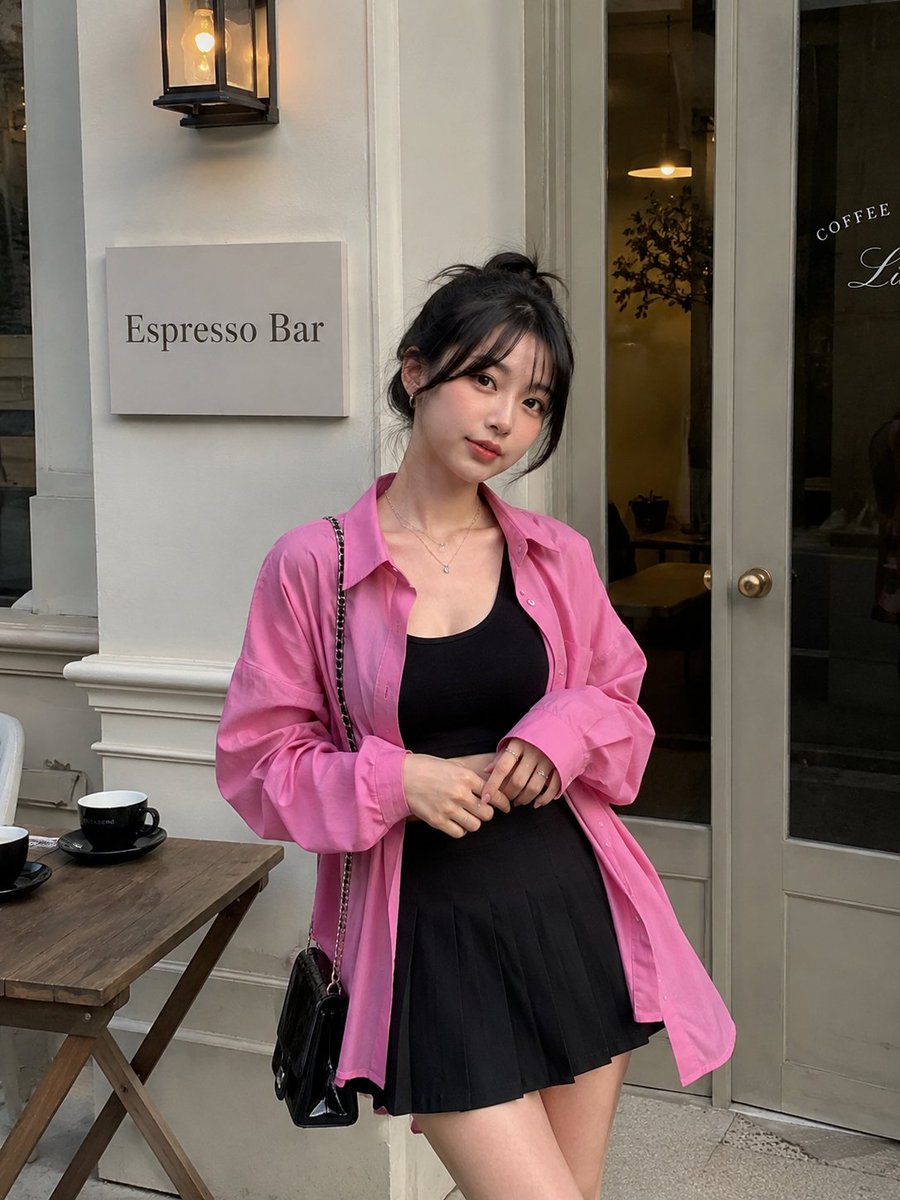 一位时尚年轻女子站在一家迷人的极简主义浓缩咖啡馆外，身穿一件超大亮粉色纽扣衬衫，内搭黑色短款上衣，下身着黑色百褶迷你裙。她的深色头发扎成柔和随意的发髻，散落几缕修饰脸型的发丝，搭…