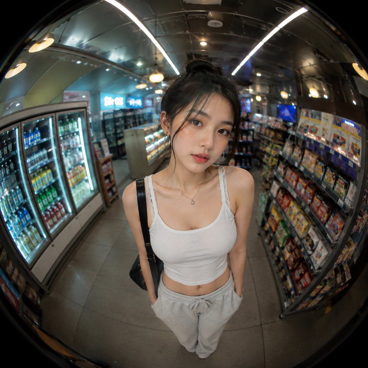 GPT Image 2 on ChatGPT 提示词； 创建一张写实风格的人像照片，主体位于 内部 ，使用超广角鱼眼镜头从近距离、略微偏高的视角拍摄。镜头应产…