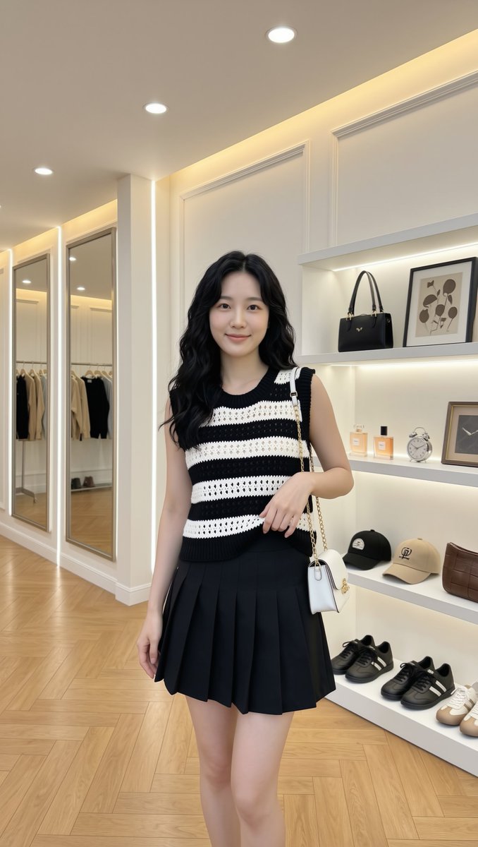 一张照片般逼真的全身人像摄影：一位美丽的年轻东亚女性,二十岁出头,长而波浪状的黑色长发披散在肩头,瓷白无瑕的肌肤,精致柔美的面部轮廓,淡雅自然的妆容,嘴角微扬、嘴唇轻闭的温柔微笑…