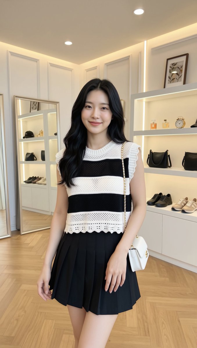 一张照片般逼真的全身人像摄影：一位美丽的年轻东亚女性,二十岁出头,长而波浪状的黑色长发披散在肩头,瓷白无瑕的肌肤,精致柔美的面部轮廓,淡雅自然的妆容,嘴角微扬、嘴唇轻闭的温柔微笑…