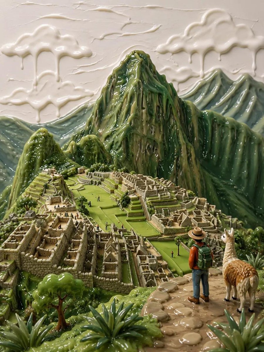 [目的地/地标] 的高度精细微缩立体模型，以手工制作的抛光黏土与树脂雕塑形式呈现。电影感构图，以标志性地标为视觉焦点，周围环绕着当地特有的自然景观、植被与文化元素。背景采用厚重的…