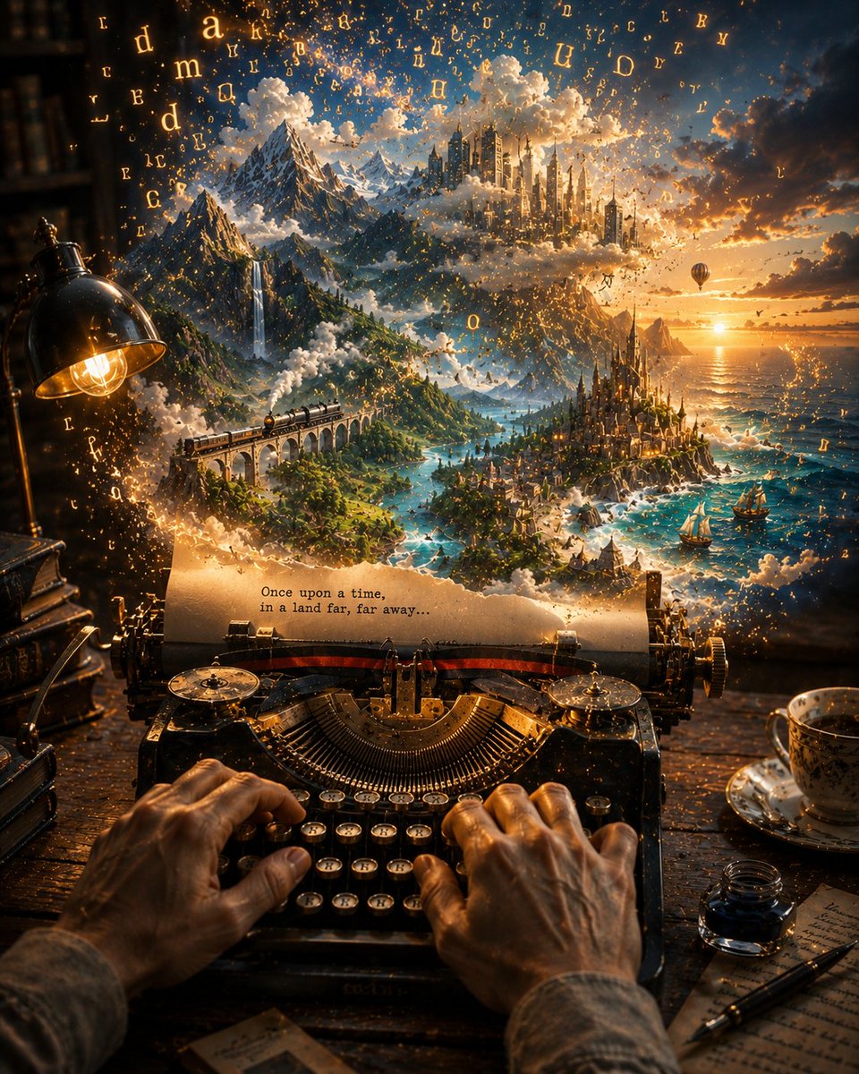 书写现实的打字机 每一个伟大的世界都从一个字开始。 其余的,便是想象力在纸页上找到自己的归处。 GPT Image 2.0 提示词如下 👇 在黄金时分的一间温馨复古作家书房中,创…