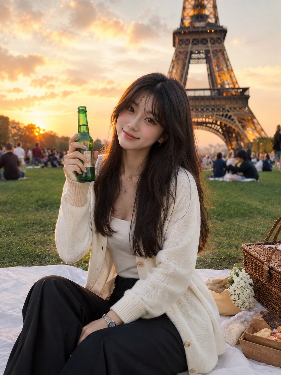 一位美丽的年轻女子坐在金色时刻的白色野餐毯上,背靠埃菲尔铁塔,温暖地微笑着,手中拿着一只绿色的玻璃瓶。她穿着一件舒适的白色羊毛开衫,内搭白色上衣,配以优雅的黑色长裤、极简风格的手…