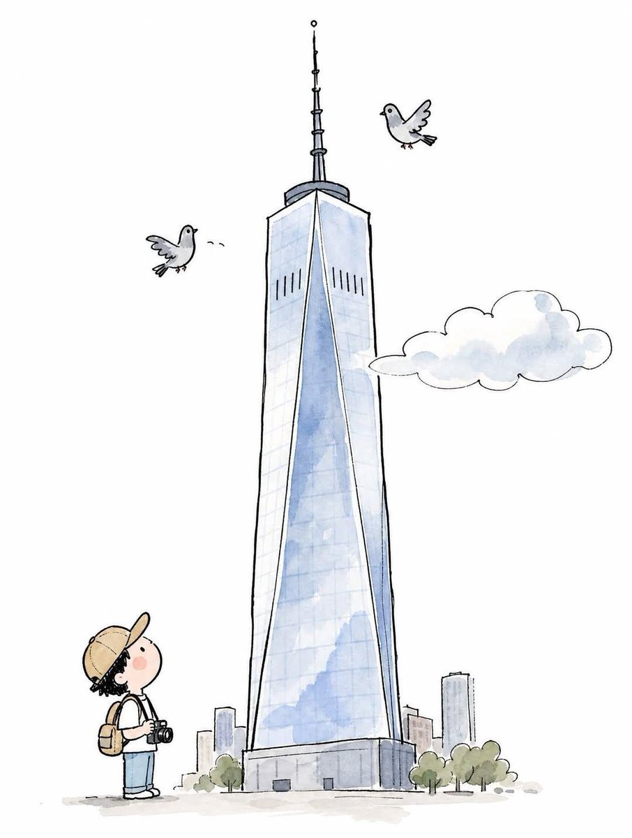 一幅极简手绘涂鸦插画，画面中央是[ICONIC LANDMARK]（标志性建筑）高耸且略微倾斜地矗立着，顶部环绕着一小只涂鸦风格的[LOCAL TRANSPORT ELEMENT…
